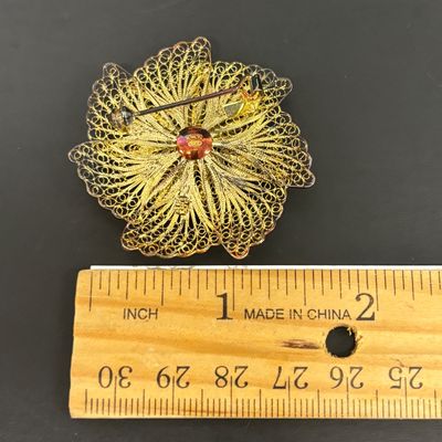 LOT 70: Gold Vermeil 925 Layered Filigree Flower Brooch 7.75gtw with a Vintage Czechoslovakian Filigree Belt Buckle & More