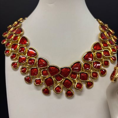 LOT 41: Vintage Belts, Red Enamel Costume Jewelry, Cat-Themed Ashtray and Pin & More