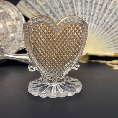 LOT 35: Antique Figural Pug Pounce Pot/Shaker, 10k GF Eyeglasses, Heart Shaped Toothpick Holder, Ornate Floral Handheld Mirror &...
