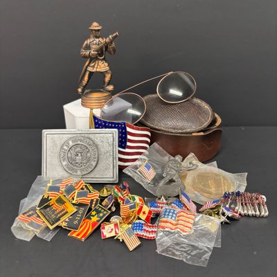 LOT 37: Tony Laina Leather Belt Buckle, USA-Themed Pins, US Mint Independence Hall Coins & More