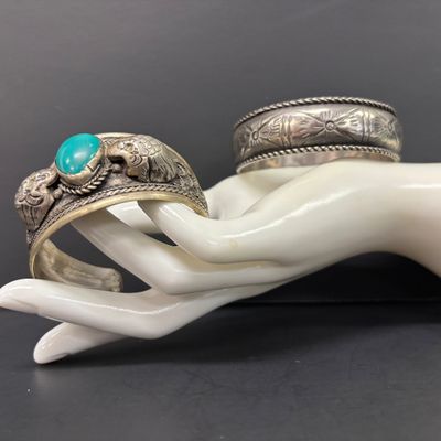 LOT 45: Silver-Tone Tribal Cuff with Teardrop Faux Turquoise & Silver-Tone Engraved Cuff