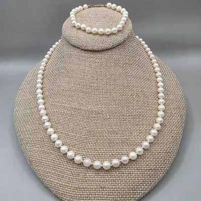 LOT: 56 Vintage Culture Pearl Demi Parure Necklace 20" Bracelet 9" with 14k Closures.