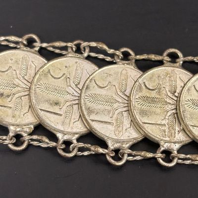 LOT 75: Alpaca Mexico Silver Inlaid Floral Cuff Bracelet, Coin Bracelet along with Dream Catcher Silvertone Earrings