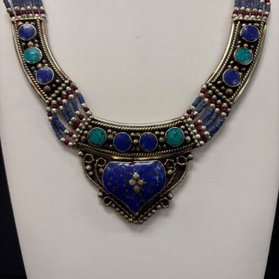 LOT 43: Silver-Tone Statement Necklace with Lapis and Turquoise-Tone Stones & Silver-Tone Bracelet with Artisan Inlaid Stones
