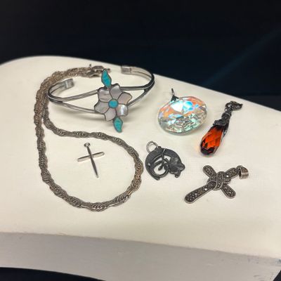 LOT 67: Acid Tested Marcasite Cross - 925 - 3.2gtw, Silver Tone Pendant, Mother of Pearl & Turquoise Cuff Bracelet, Silvertone...