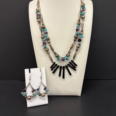 LOT 44: Silver-Tone Double-Strand Beaded Necklace with Matching Earrings & Silver-Tone Necklace and Earrings with Large...