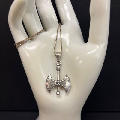 LOT 108: Sterling 925 Minoan-Style Double Headed Axe Pendant and Chain 7.47g