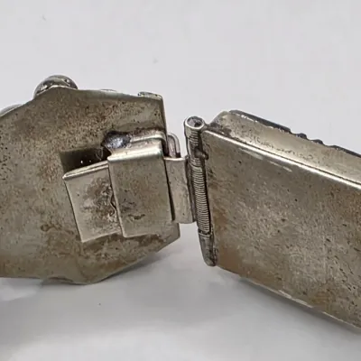 LOT 55: Two Pairs of Vintage Sterling Silver Earrings (13.6gtw) and an Aztec Panel Bracelet with Inlaid Abalone