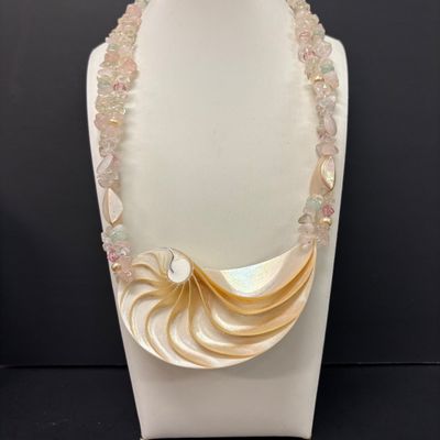 LOT 81: Beautiful Statement Cut Shell Necklace, Amethyst Color Stone Necklace, Pink & Green Jade Color Stone Necklace, Pearl Set,...