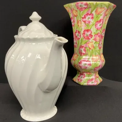 White Swirl Coffee Pot & Porcelain Vase 