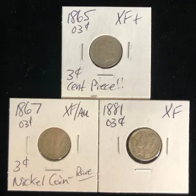 1865, 1867, & 1881 US 3¢ Coins, 3 Total 
