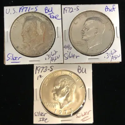 1971-S, 1972-S, & 1973-S Silver Eisenhower Dollars, 3 Total