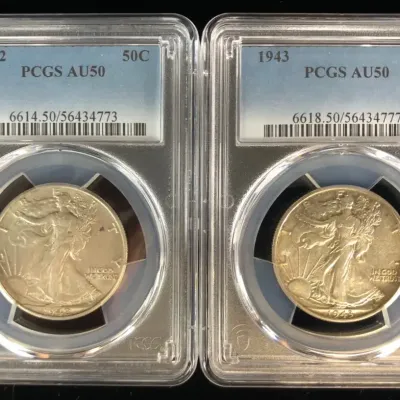 1942-P & 1943-P Silver Walking Liberty Halves, PCGS AU-50, 2 Total