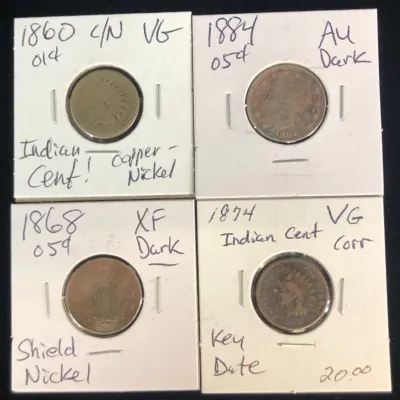 1868 Shield Nickel, 1884 Nickel, 1874 Indian Cent, & 1860 Indian Cent, 4 Total