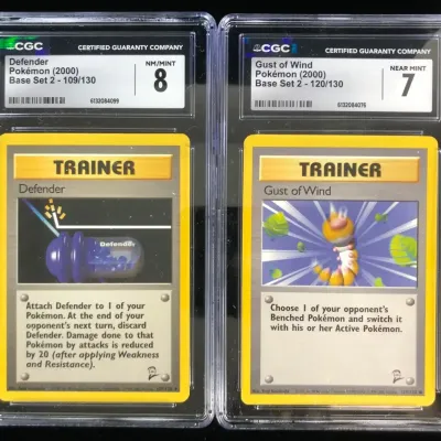 2000 Pokémon Base Set 2 Cards, Defender & Gust of Wind, CGC Graded, 2 Total