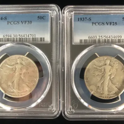1934-S & 1937-S Better Date Silver Walking Half Dollars, PCGS VF30 & VF25, 2 Total 