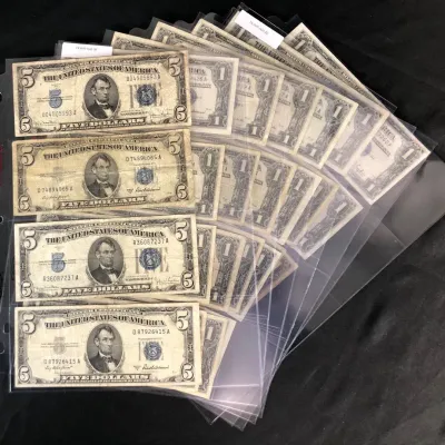 $1 Silver Certificates From 1935-1957 (24), & $5 Silver Certificates From 1934-1953 (4), 28 Total