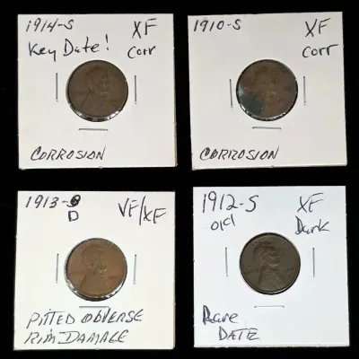 4 Very Key Date Lincoln Cents with Issues - 1910-S, 1912-S, 1913-D & 1914-S Rare Dates