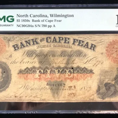 1850’s $5 North Carolina, Wilmington Bank of Cape Fear Note, PMG-15