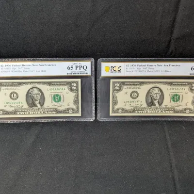 2 PCGS MS-65 PPQ 1976 $2 Federal Reserve Notes