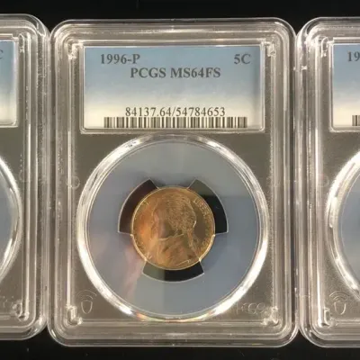 1993-P, 1996-P, & 1996-D Full Step Jefferson Nickels, PCGS MS-64FS, 3 Total