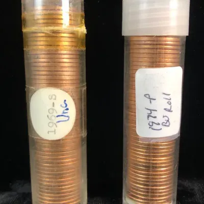 1969-S & 1974-P Uncirculated Red Lincoln Cent Original Bank Rolls, 2 Total