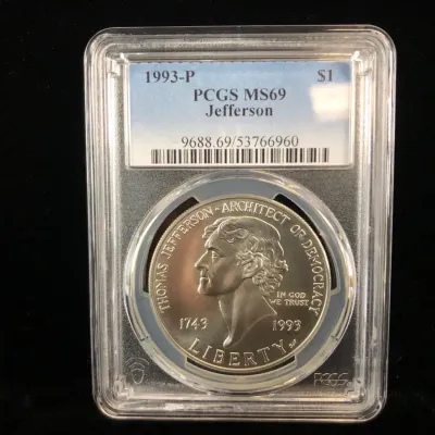 1993-P $1 Silver US Mint Commemorative Jefferson Coin, PCGS MS69