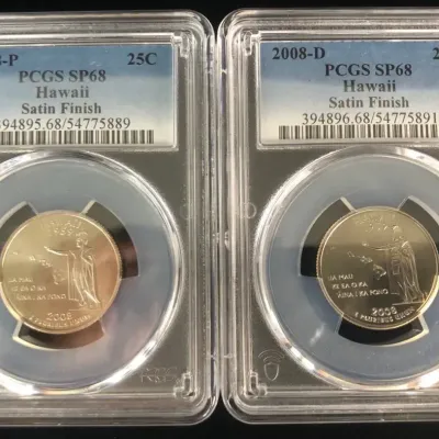 2008 P/D Hawaii Quarters, PCGS SP-68 Satin Finish, 2 Total