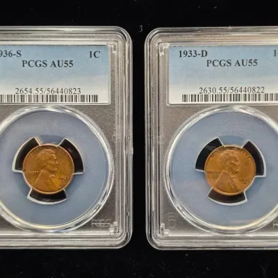 1933-D & 1936-S Lincoln Wheat Cents High Grade AU-55 PCGS 