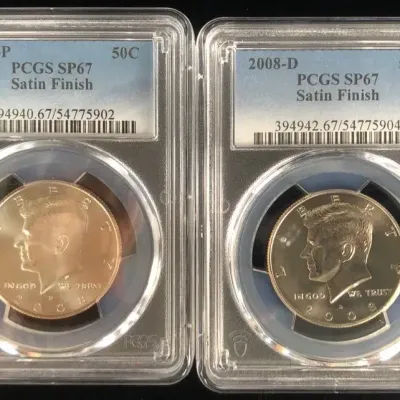 2008 P/D Kennedy Half Dollars, PCGS SP-67 Satin Finish, 2 Total 