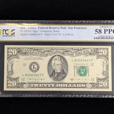1988A $20 Federal Reserve Note AU-58PPQ PCGS