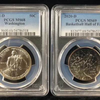 1982-D PCGS MS68 Silver Washington 50¢ & 2020-D PCGS MS69 Basketball Hall of Fame US Mint Coin