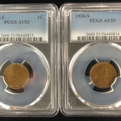 1929-S & 1930-S Better Date Lincoln Cents, PCGS AU-53, 2 Total