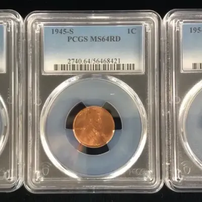 1945-D, 1945-S, & 1954-S Lincoln Wheat Cents, PCGS MS64RD, 3 Total