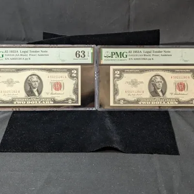 Two PMG MS-63 EPQ 1953 $2 Red Seal Legal Tender Notes