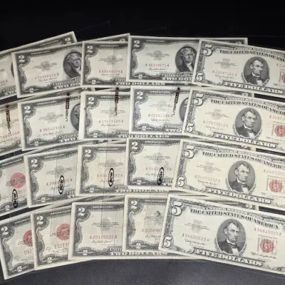16 $2.00 Red Seal Notes 1928-1963 & 4 $5.00 Red Seal Notes