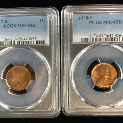 1937-D & 1938-S Lincoln Wheat Cents, PCGS MS64RD, 2 Total 