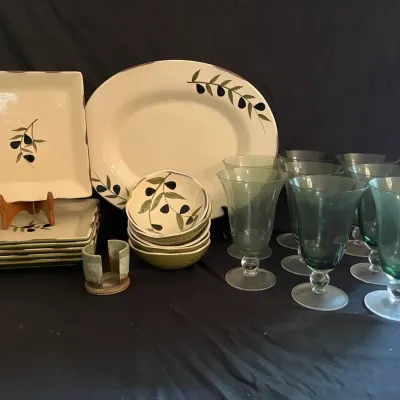 Bella Cucina Olive Branch Dinnerware with Green Stemware & Pottery Napkin Holder