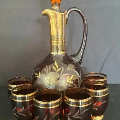 Vintage  Egermann Amber Glass Decanter And (6) Shot Glass Set 