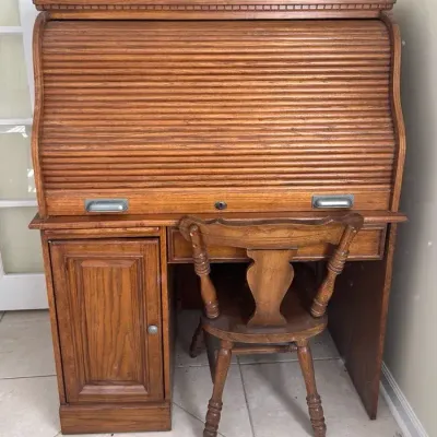 Vintage Pressed-Wood Roll Top Desk & Wooden Chair