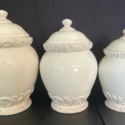 Set Of 3 Florentine  Karidesign, INC Off-White Canisters With Floral Detailing