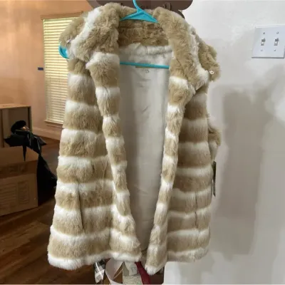 Gianni Bini Allison Café Cream Striped Faux Fur Vest 
