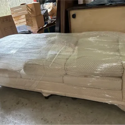 Cream Upholstered, Three Cushion Sofa With Accent Pillows # 2