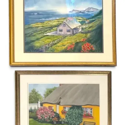“Adieu” & Coastal Farmhouse Above Rolling Hills Pastel Watercolor Paintings, Signed by Local Artist