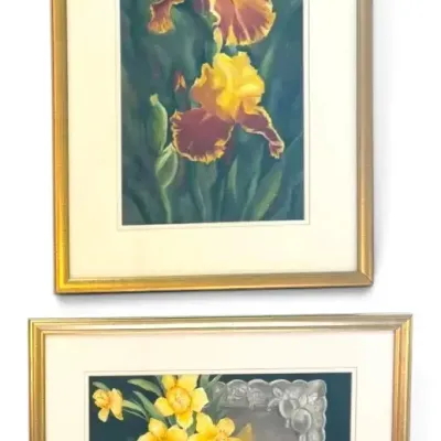 Blooming Yellow Irises & Daffodils Pastel Watercolor Paintings, Signed by Local Artist