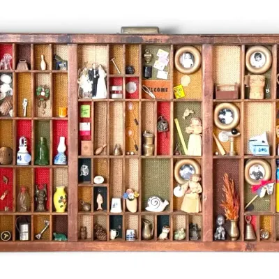 Antique Wooden Letterpress Printer’s Tray Shadow Box w/ Trinkets 