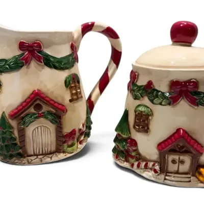 Ceramic Christmas Cottage Pitcher & Canister 