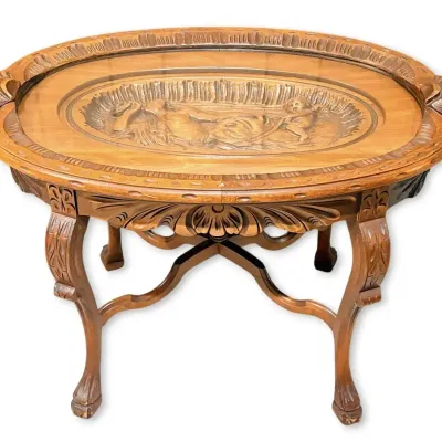 French Renaissance Revival Style Walnut Coffee Tray Table w/ Carved Arion of Lesbos Relief