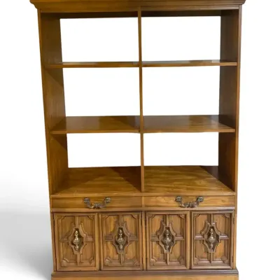 Wooden Bookcase w/ Ornate Brass Knobs & Geometric Cabinet Designs