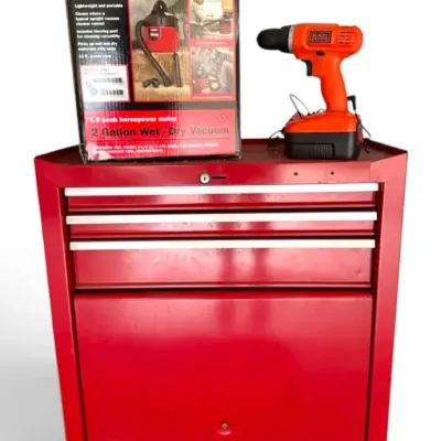 Red Metal Tool Cabinet, Craftsman Shop Vac, and Black & Decker Drill